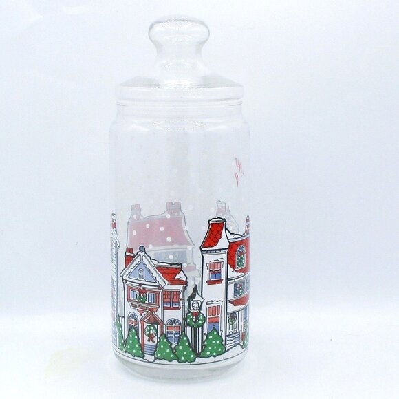 Holiday Village Scene Clear Glass Cookie Jar With Lid 10.5 Oz Snowfall Design - Picture 4 of 4